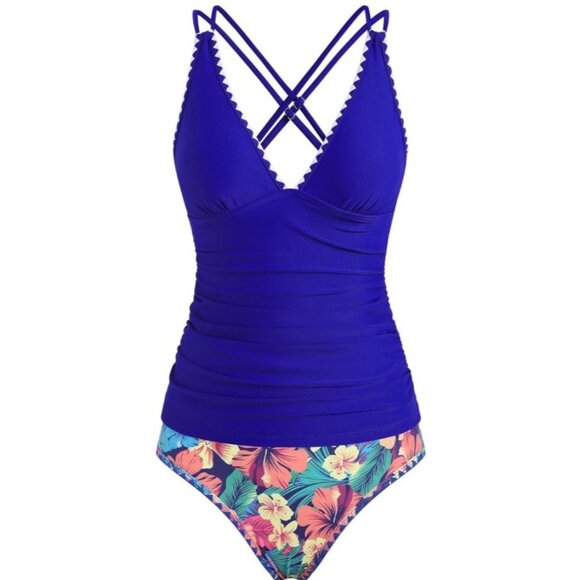 Zaful Womens 2 Piece Tankini Set Size XL Floral Bikini Bottoms crisscross straps - Picture 2 of 9